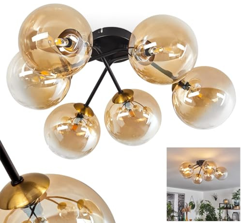 HOFSTEIN Deckenleuchte Chehalis, Deckenlampe aus Metall/Glas in Schwarz/Goldfarben/Bernsteinfarben/Klar, Leuchte im Retro/Vintage-Design mit Schirmen aus Glas (Ø 15 cm), 6 x G9 LED