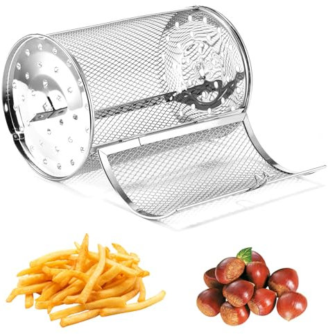 BlueEour Rotisserie Basket,12X18cm 360° Rotating Stainless Steel Grilled Cage for Tower Air Fryer, Roaster Drum Oven Round Rack Cage Air Fryer Accessory for Baking Peanut Coffee Bean Nuts BBQ Walnut