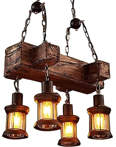 LUOYAOB Modern Pendelleuchte 4 Lichter Industrie Holz Kronleuchter, Retro Loft Lantern Hanging Lighting, Bauernhaus -Anhängerlampe for Billardtisch Küche Island Bar