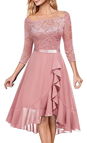 Robe midi à épaules dénudées pour femmes UK 3/4 manches col droit en dentelle patchwork en mousseline pour soirée, cocktail, rose, L
