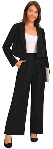 Allegra K 2-teiliges Damen-Set, Business-Casual-Outfit, gekerbtes Revers, bauchfreie Jacke, weites Bein, Hose, Arbeitsanzüge, Schwarz, X-Klein