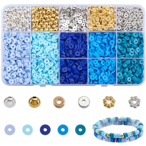 SOFPLATE 1 Box 2900 Stück Armband Set Aus Blauen Tonperlen Freundschaftsarmband Bastelset Flache Runde Polymer Heishi Abstandshalterperlen In Gold Und Silberblumenform Für Die Herstellung von Schmuck