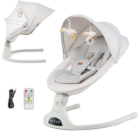 Kinderkraft TULSY Sdraietta Elettrica per Bambini, 5 Livelli di Intensità, 12 Melodie Preimpostate, Giocattoli Rimovibili, Regolabile, Leggera, Bluetooth e USB, Cintura a 5 Punti, Beige