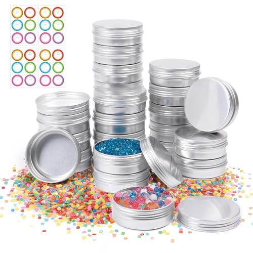 AuroTrends 2oz Tins with Lids 24 Pack Silver Aluminum Lip Balm Tin Jars with Screw Cap Salve Tins, including 24 Stickers for Cosmetic Samples, Candles and DIY Crafts (60ml-24Pack)
