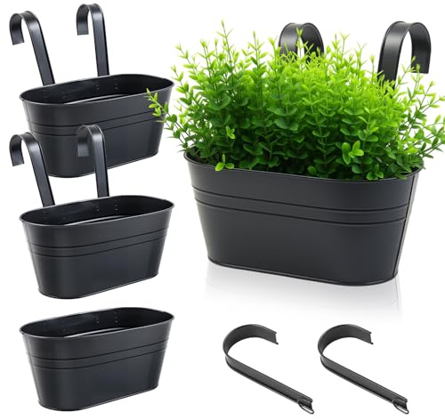 YedZen Metall Aufhängen Blumentopf Hängend, 4Stk 27,5cm Hängende Blumentöpfe mit 2 Drainageloch & Abnehmbarem Haken, Hängetöpfe für Balkon, Garten, Zaun, Geländer, Schwarz