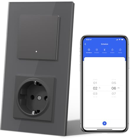 MVAVA Alexa Lichtschalter mit Steckdose, Wlan Smart Lichtschalter Unterputz Glas Kompatibel mit Alexa/Google Home, Neutrale Leitung Benötigt