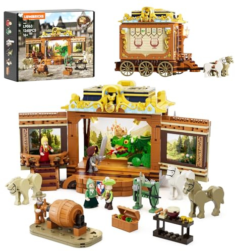 Lumibricks Mittelalter Troupe Carriage mit LED-Beleuchtung – 1248 Teile Bühne & Kutsche in 2 Formen, Ritter- & Legenden-Spielset für Rollenspiele, Familienzeit & Themenpartys