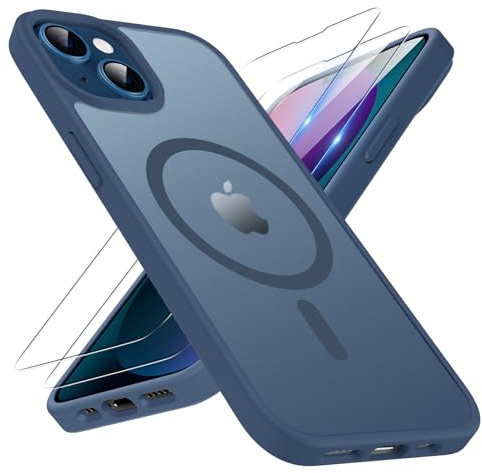 TQIAHF Magnetic Phone Case Cover for iPhone 13 / iPhone 14, Blue | with 2 Tempered Glass Screen Protector Compatible with MagSafe Military Grade Shockproof Protective Slim Translucent Matte