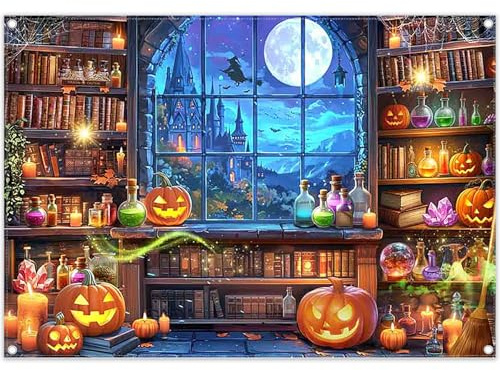 Luminora 2,1 x 1,5 m måne natt magisk rum bokhylla bakgrund fönster magisk dryck pumpa lykta slott bakgrund halloween häxa barnfest dekor foto banderoll rekvisita