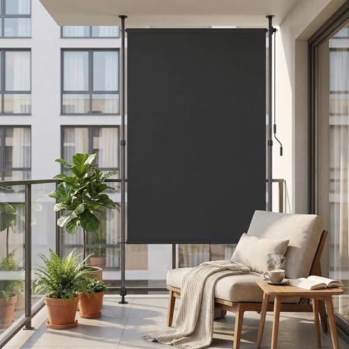 LIFERUN Store Extérieur Vertical 150 x 310 cm, Anthracite avec Manivelle sans Perçage, Store Manuel Extensible Occultant Balcon Terrasse Jardin,Brise-Vue, Protection Solaire, Coupe-Vent