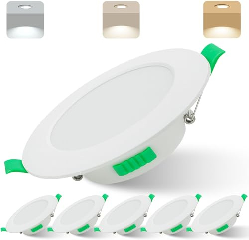 Ugvmn LED Downlights Ultra Slim 7W LED Recessed Ceiling Lights Dimmable, Hole Size 75mm, Warm White Neutral White Cool White Adjustable, IP44 Round Spotlights for Bathroom Kitchen Living Room, 6 Pack