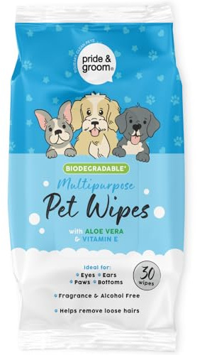 Pride & Groom Multipurpose Pet Wipes with Aloe Vera and Vitamin E | Biodegradable Grooming Wipe - Perfect for Eyes, Ears, Paws & Bottoms - Fragrance & Alcohol Free (30 Wipes)