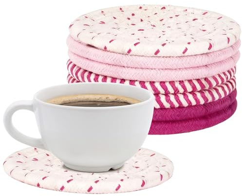 8 Stück wasserabsorbierende Untersetzer, rosa Untersetzern aus Baumwollseil, rundes gewebtes Untersetzer-Set, mit Metallhalter zum Schutz der Tischplatte, hitzebeständige Tassenuntersetzer