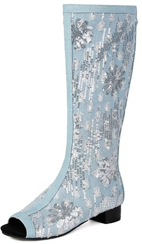 Gicoiz Femme Eté Mariage Sequins Peep Toe Botte Haute Jusqu'Au Genou Respirant Mode Low Bloc Zip Mesh Booty Light-Bleu Taille 38 EU-39Cn