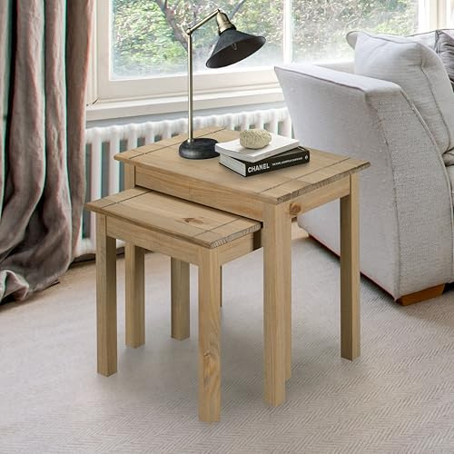 Mews Panama Nest of Tables Solid Pine Wood Waxed Oak Finish Set of 2 Nesting Tables Brown