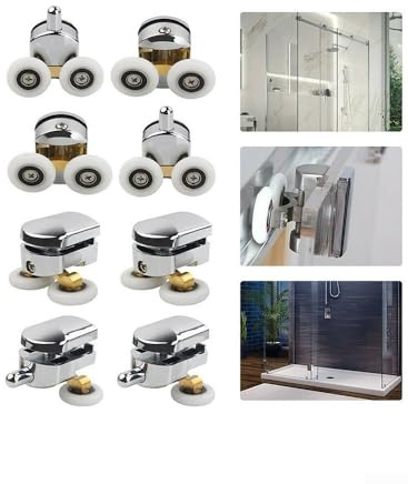 Eawfgtuw Paquete de 4 rodillos dobles para puerta de ducha con poleas arriba y abajo, diámetro de rueda de 23 mm, para vidrio de 4 a 6 mm, ABS plateado + ruedas de repuesto de aleación de zinc