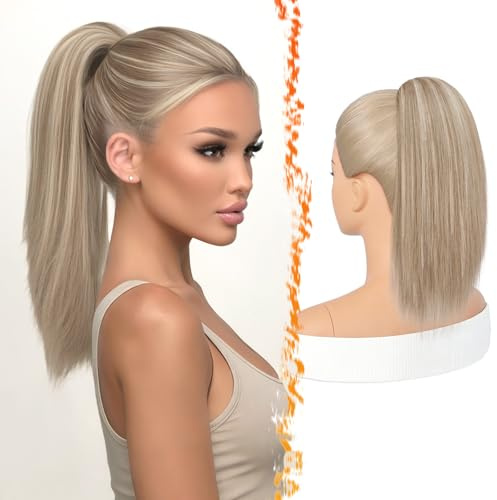 BARSDAR Liso Coleta Postiza Extensiones Pelo, 40cm Corta Liso Rubio Cola de Caballo Extension con Cordón Natural Sintética Cheer Posh Ponytail Extensiones Postizos Fiestas Diarias Cheer Competition