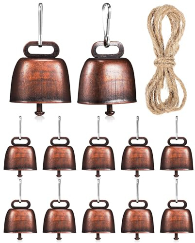 Kichvoe 12 Campanelli Rustici in Bronzo da 35mm e Fibbie da 25mm Corda di Canapa 2m, Campanelli Rumorosi per Animali da Fattoria come Mucche, Cavalli e Pecore, Leggeri per Pascolo