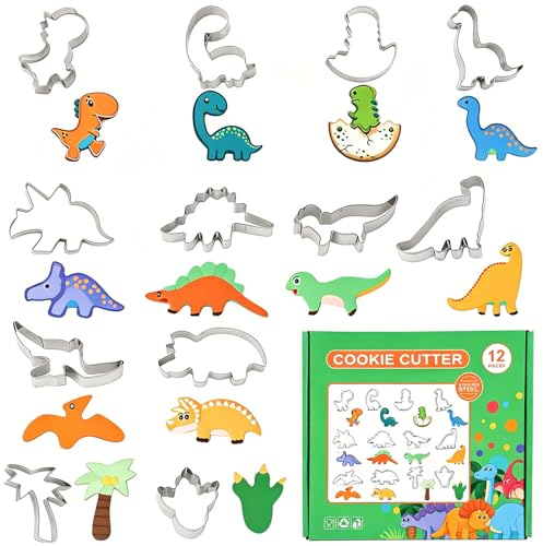Consnew 12 Pcs Dinosaur Cookie Cutters Set, Stainless Steel Baking Molds, Family Biscuit Tools for Pastry, Sandwiches, Fruits, Vegetables, Dinosaur Party Supplies for Birthday & Themed Events