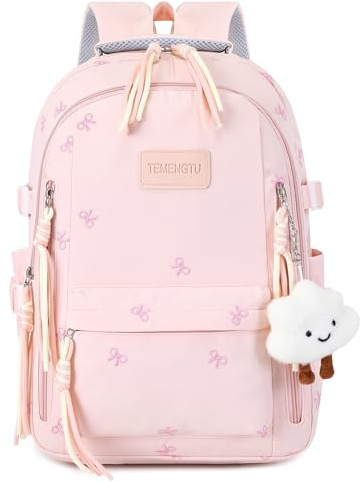 Makukke School Backpack for Girls, Cute Bowknot Aesthetic Bookbag with Laptop Compartment, Large Capacity College Daypack, Water Resistant Rucksack for Teens, High School (Pink)