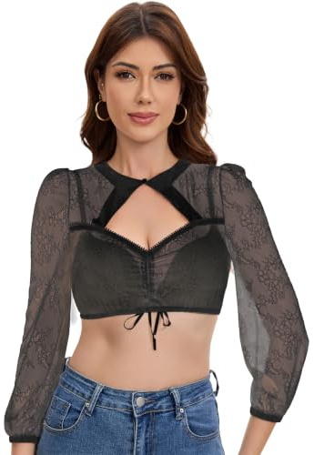 Trachtland Camicia Dirndl Donna Maniche Lunghe, Camicia Tradizionale Oktoberfest Elegante con Bottoni, Fascia Torace e Pizzo, Nera. Taglie 34-44 (DE/NL/SE/PL, Numerico, 44, Regular, Regular, Nero)