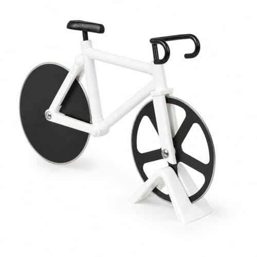 MIJOMA Cortador de pizza para bicicleta con soporte – Rueda decorativa para pizza con dos ruedas de metal para pizzas y bar de cocina (blanco)