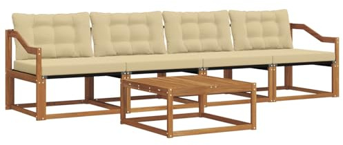 Yisssmeng Gartenmöbel-Set 5-teilig, Outdoor Lounge-Set aus massivem Akazienholz mit Tisch und Sitzkissen, Modulares Gartensofa für Terrasse und Balkon, Natur und Beige
