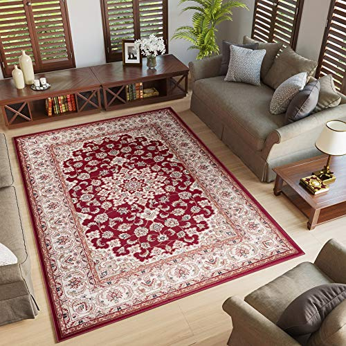 TAPISO Colorado Teppich Wohnzimmer Klassisch Kurzflor Rot Beige Creme Floral Medaillon Ornament Muster Traditionell Orientteppich ÖKOTEX 60 x 100 cm