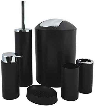 MSV Badezimmer Set, 6-teiliges Badzubehör Seifenspender, WC Bürste, Seifenschale, Kosmetikeimer und Zahnputzbecher Schwarz matt