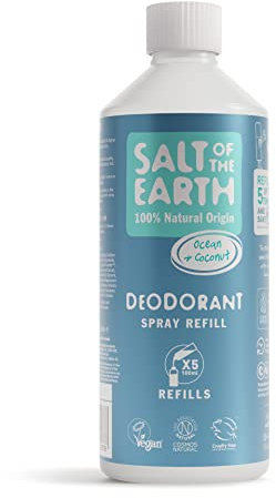 Recharge de déodorant naturel en spray Salt of the Earth, Ocean & Coconut - Végan, certifié Leaping Bunny, fabriqué au Royaume-Uni - 500ml
