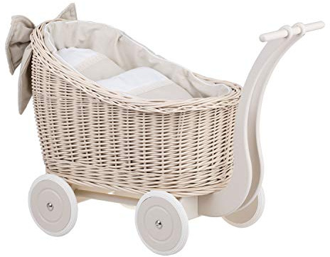 e-wicker24 Alles aus Weide Puppenwagen aus Weide mit Bettwäsche perfekte Geschenkidee Korbpuppenwagen schöner Spielzeug aus Korbgeflecht Korbwagen für Puppen Spielzeug für Mädchen (Beige)