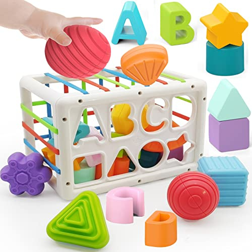 DQMOON Montessori Toys for 1 Year Old Boys Girls 1st Birthday Gifts, Baby Shape Sorter Cube for 12 18 Months, Brian Sensory Toys for Babies Early Educational Baby Travel Toys for Toddler Age 1-2