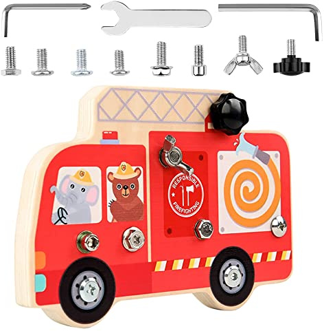 Montessori Holz Schraubbrett, Feuerwehr Spielzeug für Kinder, ab 3 Jahre | Kindergarten Lehrhilfen Pädagogisches Set, Baby Fahrzeug Schrauben Set, Montessori Holz Schraubbrett, Feuerwehr Spielzeug