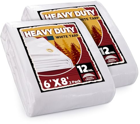 RAINDEWAY Lona blanca resistente de 12 mil de 6 x 8 pies (paquete de 2), resistente a los rayos UV, impermeable, resistente a la intemperie, lona de polietileno con ojales de metal y bordes reforzados
