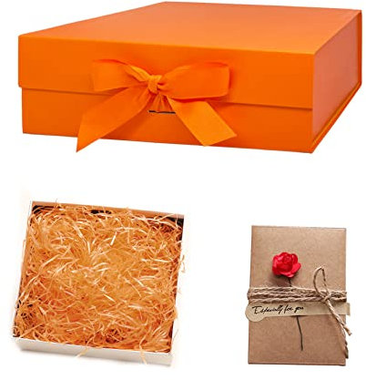 Idota Geschenkbox mit Deckel, Geschenkschachtel Orange Magnetische Geschenkboxen mit Schleifenband, Grußkarten, Füllmaterial, Geschenkboxen für Hochzeit Geburtstag Weihnachten Jubiläum (Orange-S)