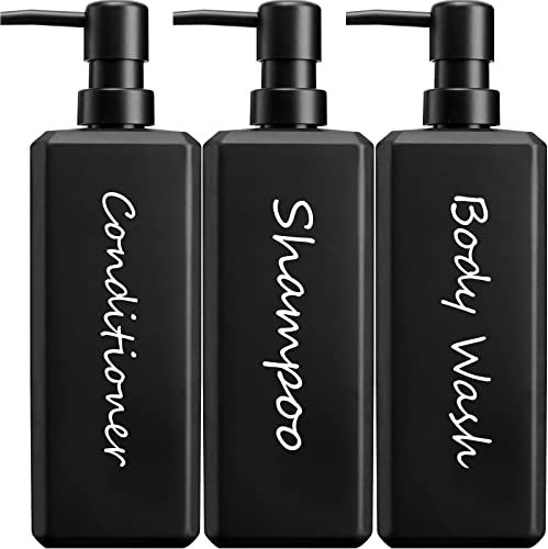 GMISUN Shampoo and Conditioner Dispenser, 17 Fl oz / 500ml Square Shower Gel Dispenser, Refillable Shampoo Bottles, Bathroom Plastic Black Shower Soap Dispensers, Modern Pump Bottle dispenser 3 Pack