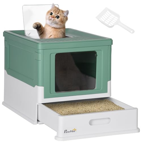 PawHut Bac à litière pour Chat Maison de Toilette fermé Pliable Double Porte battante et supérieure + Pelle + tiroir à litière Nettoyage Facile - 47,5 x 35,5 x 36,7 cm Vert Blanc