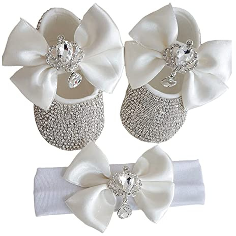Uposao Bébé Fille Chaussures Premiers avec Bandeau Cadeau Ensemble Semelle Souple Anti-dérapant Baskets Princesse Chaussures pour Anniversaire Baptême Cérémonie Enfants Filles 12-18 Mois