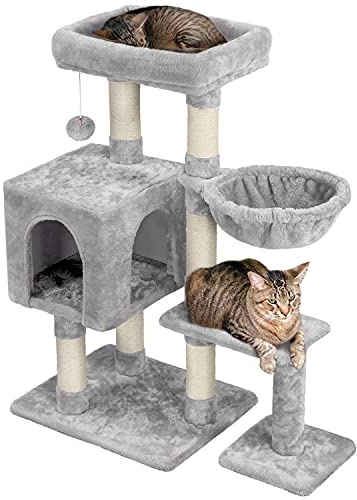 Yaheetech 96 cm Cat Tree with 6 Scratching Posts, Light Grey | Cat Tower for Indoor Cats, Multi-Level, Large Perch, Cozy Condo, Basket, Dual Base (48.5 x 39.5cm, 24 x 24cm)