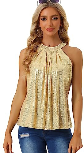 Allegra K Damen Ärmellos Party Club Glitzer Weste Camisole Pailletten Neckholder Tank Top Gold M