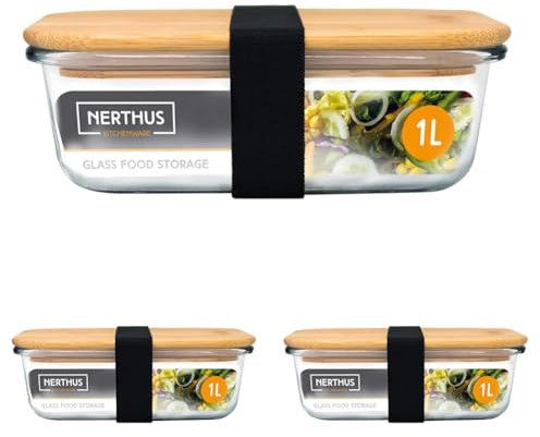 NERTHUS Fih 722 Boîte Hermétique en Verre Bambou Couvercle 1000 ML (Lot de 3)