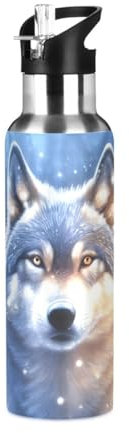 Mnsruu Wolf Bouteille d'eau en acier inoxydable pour garçons et filles avec paille isotherme étanche pour le sport, 600 ml