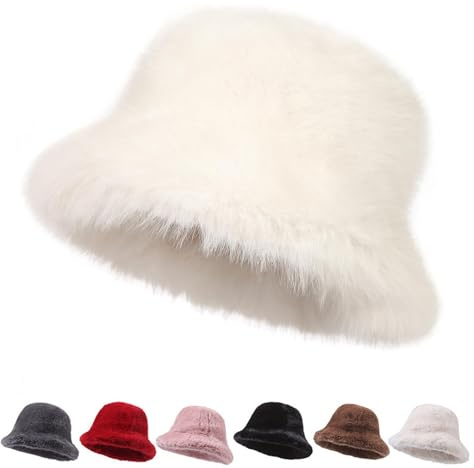 Argumub Pelzige Bucket-Hüte für Frauen Breite Krempe Kunstfell Bucket-Hut Winter Wärmer Fischermütze, weiß, Einheitsgröße