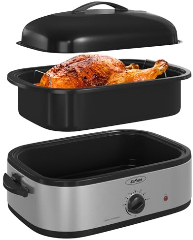 Sunvivi 14-Quart Electric Roaster Oven with Self-Basting Lid, Turkey Roaster Oven with Removable Pan and Rack, Stainless Steel, Silver