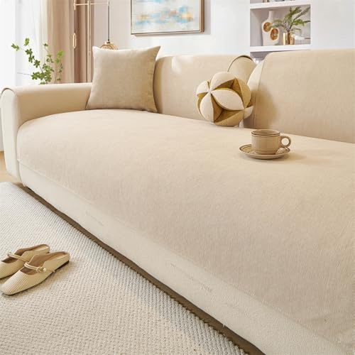 LINGKY Chenille Sofabezug 1 2 3 4 Sitzer, Sofadecken Für Sitzfläche, Ecksofa Sofa überzug, Sofaschoner rutschfest, Couch Überzug L Form Sofaüberwürfe, Sofaschutz Katze Hund (Beige,70x150cm)