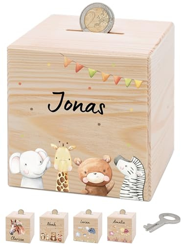 Bärenfreunde® - Personalisierte Spardose Kinder aus Holz mit Metallschloss - Spardose mit Namen mit kinderfreundlichem UV-Druck zum Sparen für Kinderträume (Tiere Girlande)