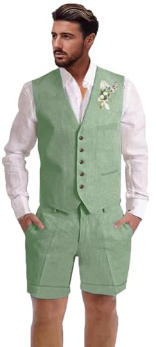 Mens Linen Suit Sets Slim Fit 2 Pcs Vest Shorts Summer Prom Sage Green M