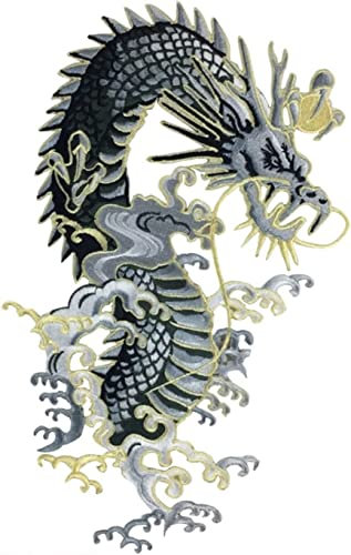 Stickerei-Applikation, Spitzenband, goldener Drache, bestickte Applikation, große Stoffaufkleber, Aufnäher, Dekoration, Bühnenoper, Kleidungszubehör (Größe: rechts 11 x 18 cm) (Farbe: golden, Größe: r