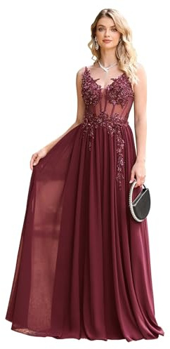 Misshow Robe Femme Chic et élégant Mariage Grande Taille Robe de Gala Col V Dos Nu avec Bretelles Bordeaux Robe Demoiselle d'honneur Femme 36