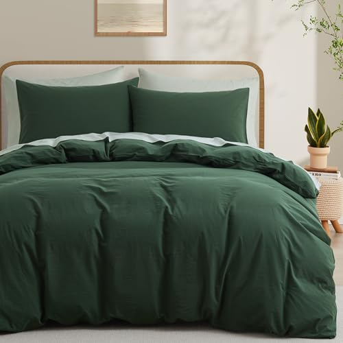 LOVQUE Forest Green Duvet Cover Full Size, 100% Washed Cotton Linen Like Bedding Set with Zipper Closure (No Comforter), 80x90 Inches